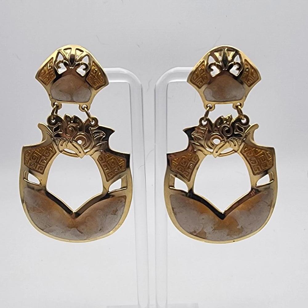 Vintage Berebi Gold Tone, Cream, & Yellow Enamel Dangling Statement Earrings